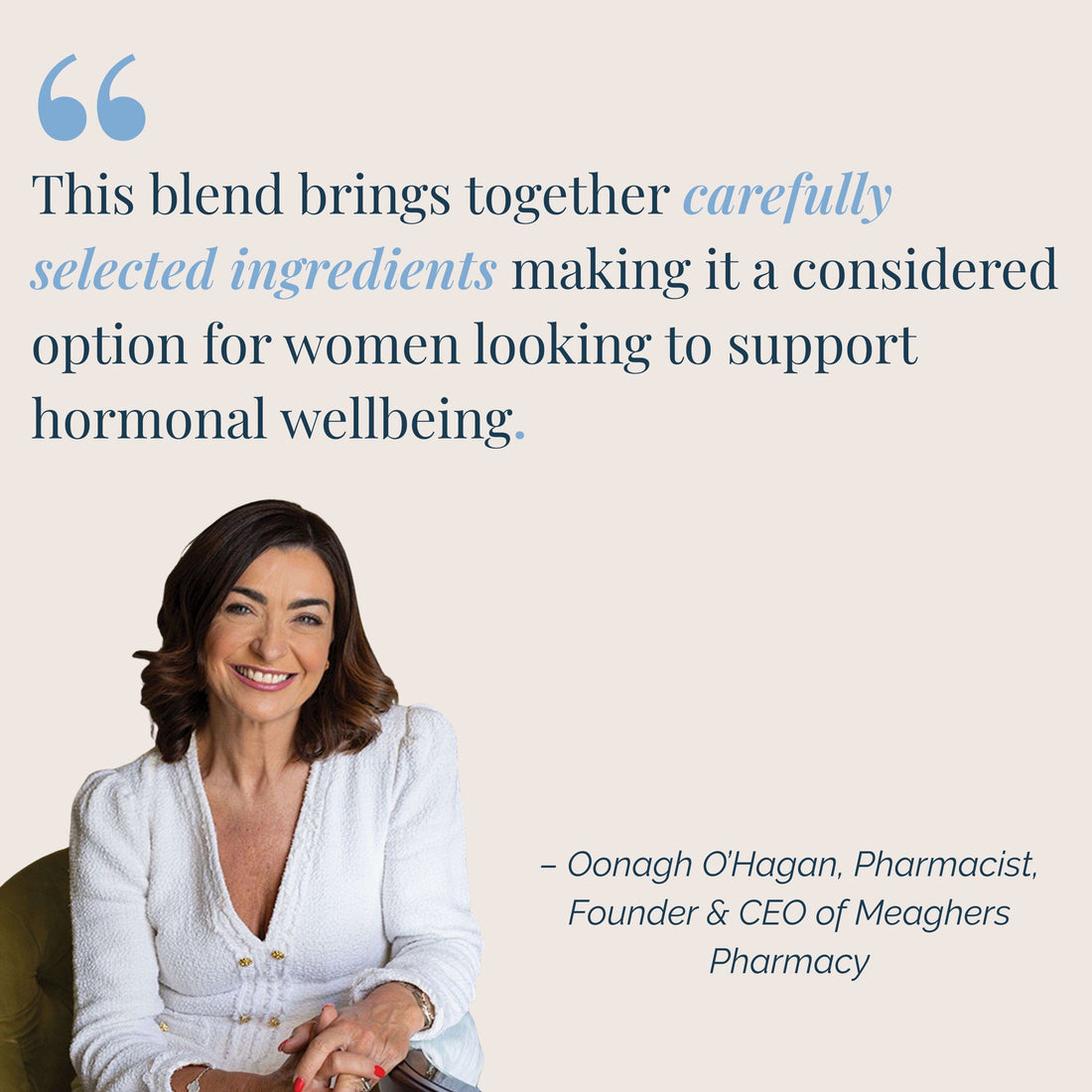 Pharmacist Oonagh O'Hagan of Meaghers Pharmacy endorsing Gigi's PMS & Hormone Balance Blend for hormonal wellbeing
