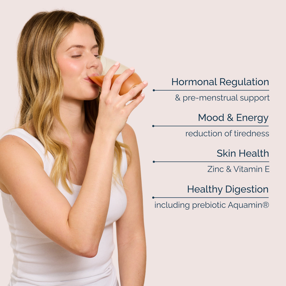 Woman drinking a Gigi blend beside its benefits: hormonal regulation, mood and energy, skin health, healthy digestion