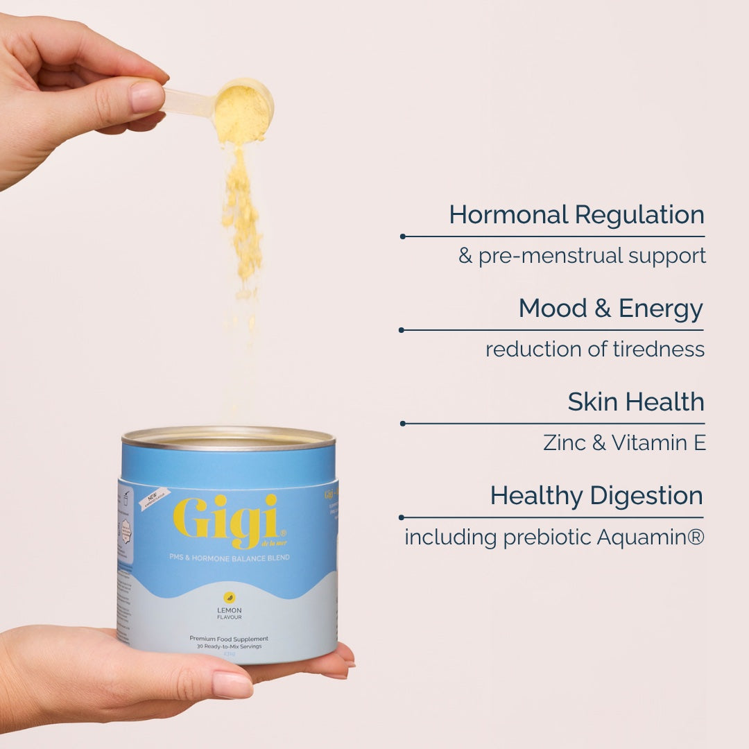 Hand pouring a scoop of Gigi powder into the tub beside four supported wellbeing benefits