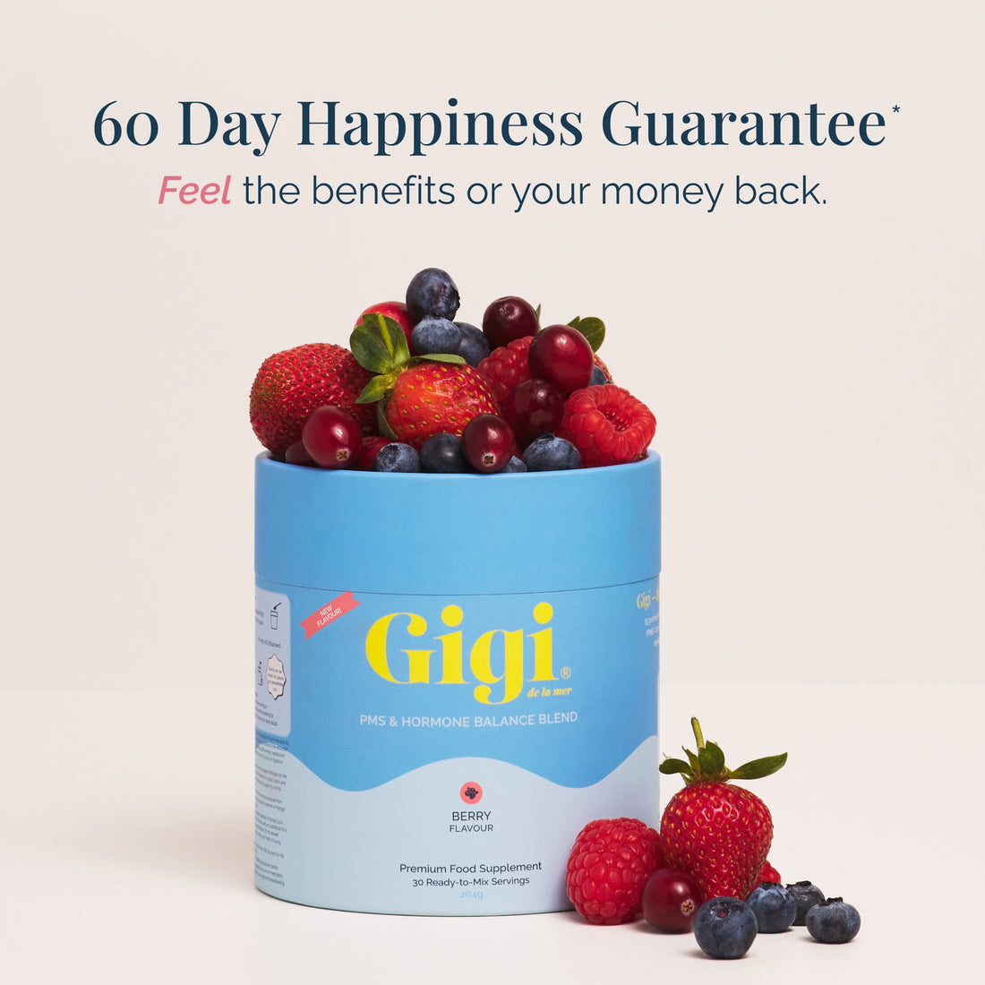 Gigi Berry PMS & Hormone Balance Blend tub topped with fresh berries beside a 60-Day Happiness Guarantee