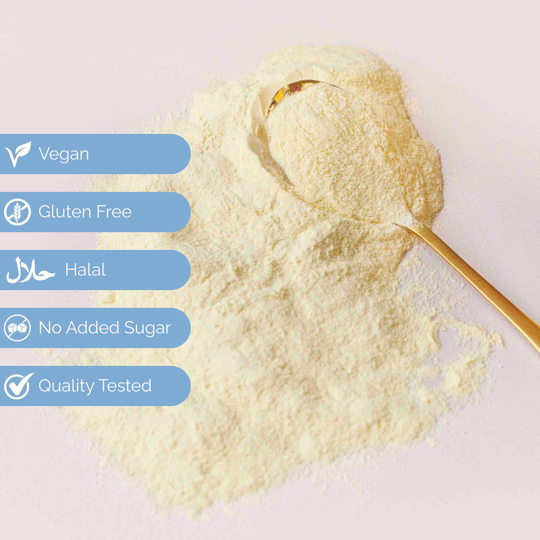 Gigi supplement powder on a gold spoon — vegan, gluten free, halal, no added sugar, quality tested