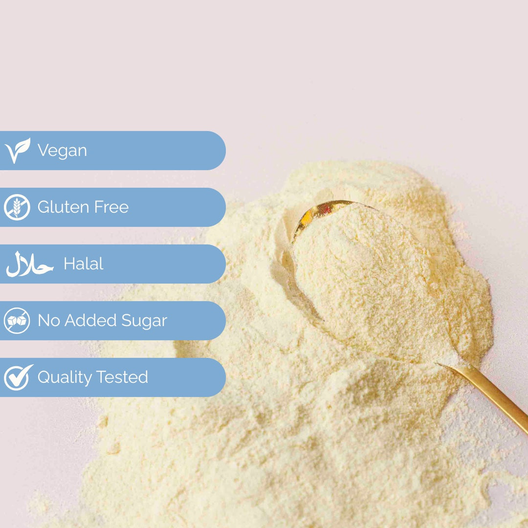 Gigi powder and spoon beside vegan, gluten free, halal, no added sugar and quality tested badges