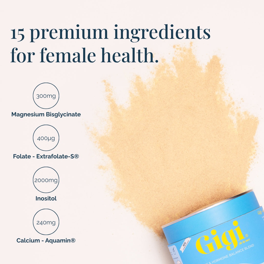 Gigi PMS & Hormone Balance Blend powder spilling beside a tub, listing key ingredient amounts