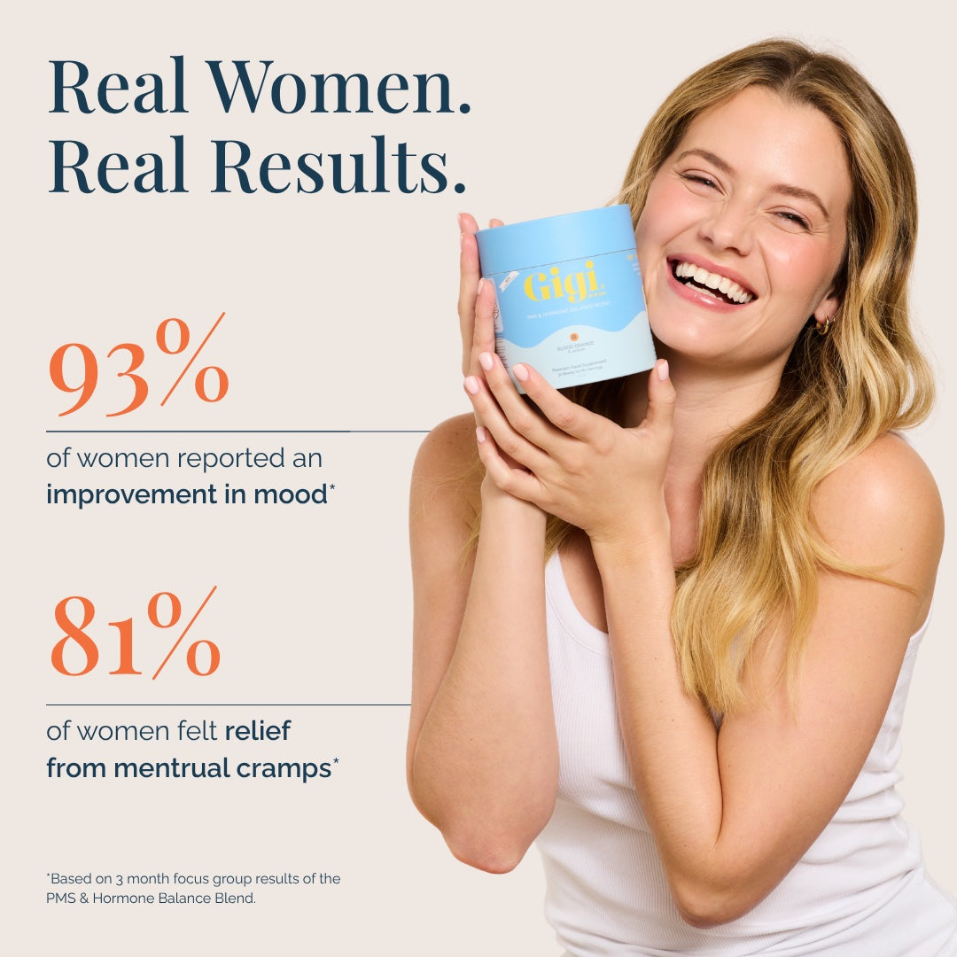 Smiling woman holding a Gigi tub beside stats on mood improvement and menstrual cramp relief