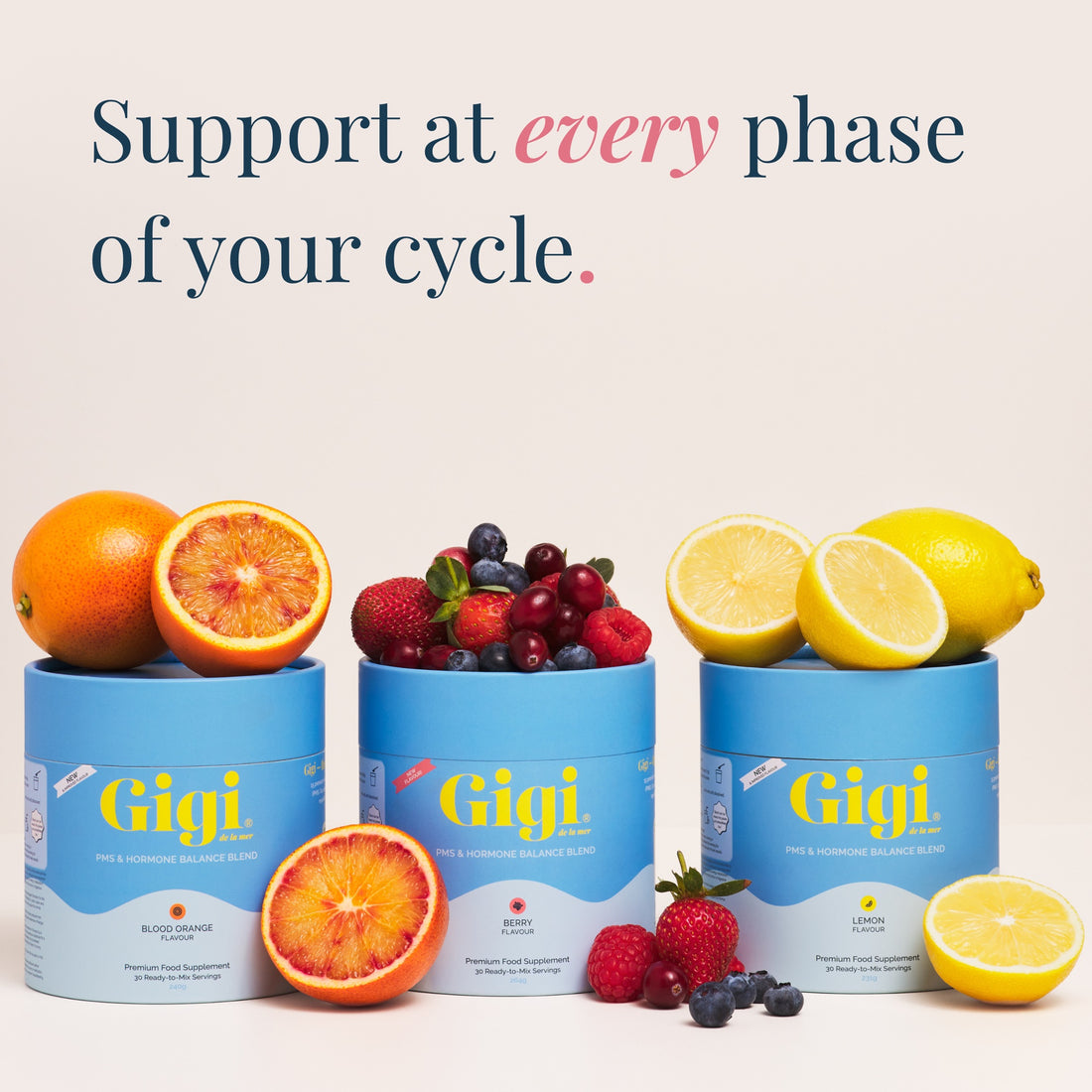 Support at every phase of your cycle — Gigi PMS & Hormone Balance Blend in Blood Orange, Berry and Lemon